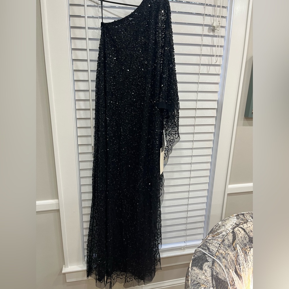 Adrianna Papell Black Sequin One Shoulder Kaftan Gown
